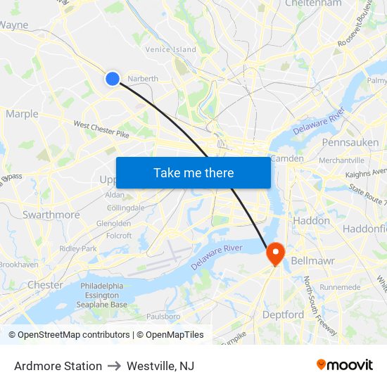 Ardmore Station to Westville, NJ map