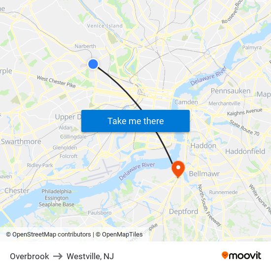 Overbrook to Westville, NJ map