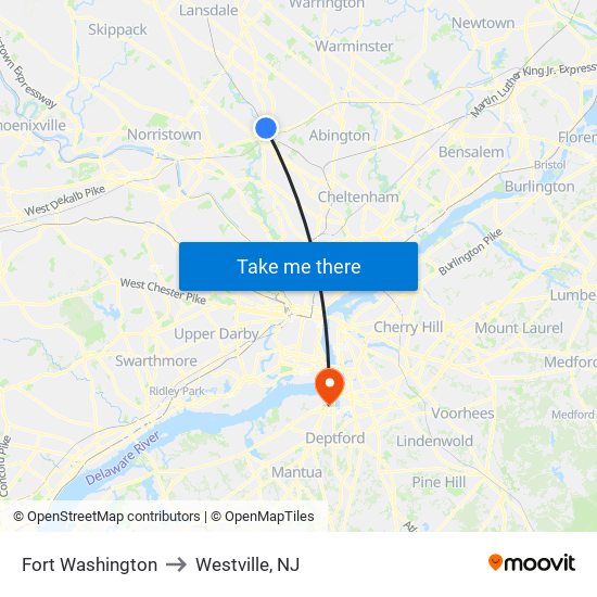 Fort Washington to Westville, NJ map