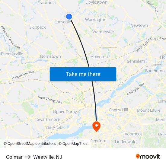 Colmar to Westville, NJ map