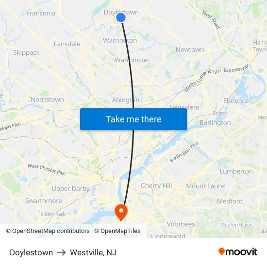 Doylestown to Westville, NJ map