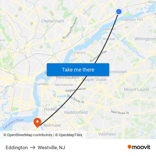 Eddington to Westville, NJ map