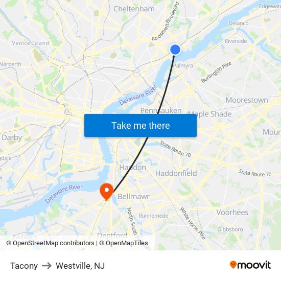 Tacony to Westville, NJ map