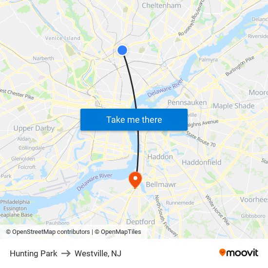 Hunting Park to Westville, NJ map