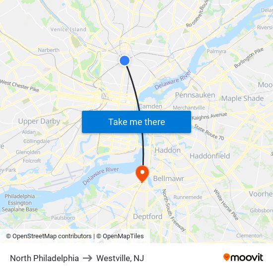 North Philadelphia to Westville, NJ map