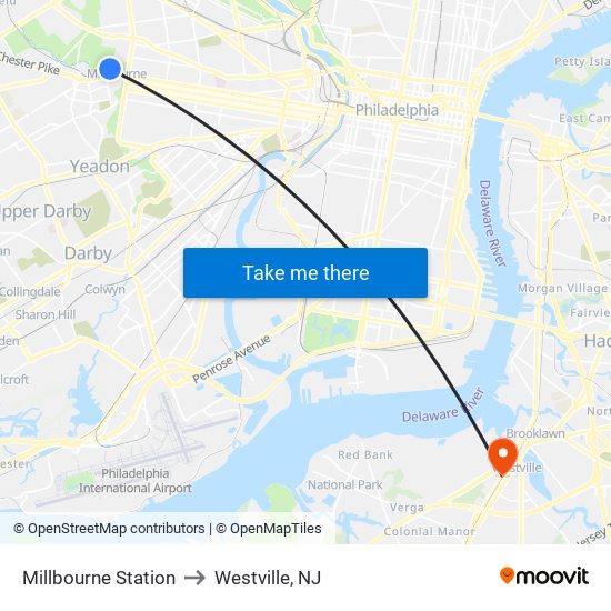 Millbourne Station to Westville, NJ map