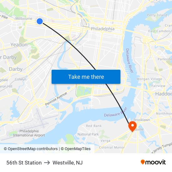 56th St Station to Westville, NJ map