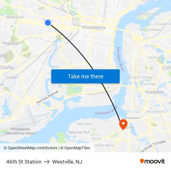 46th St Station to Westville, NJ map