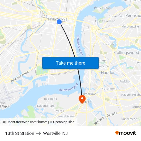 13th St Station to Westville, NJ map