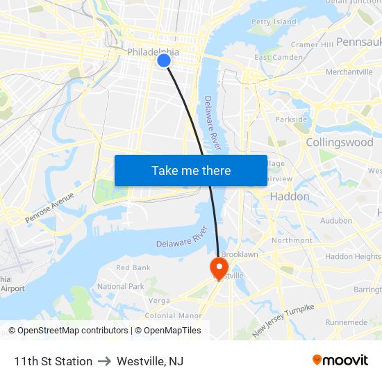 11th St Station to Westville, NJ map