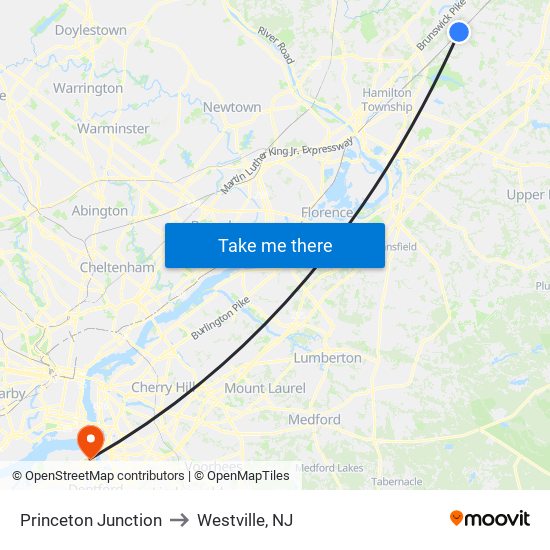 Princeton Junction to Westville, NJ map