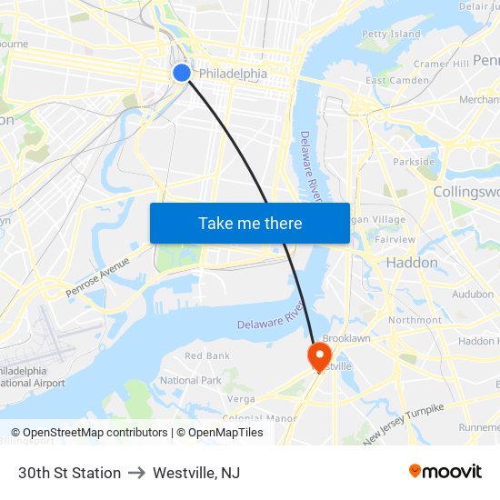 30th St Station to Westville, NJ map