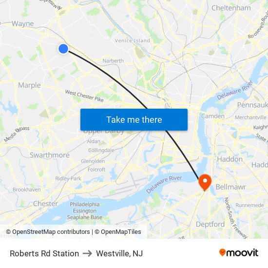 Roberts Rd Station to Westville, NJ map