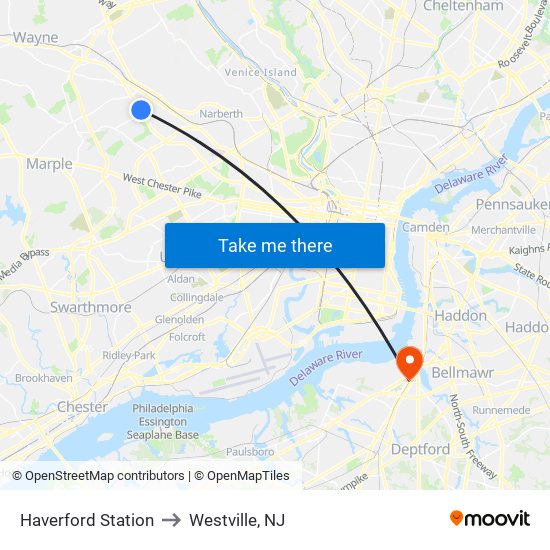 Haverford Station to Westville, NJ map