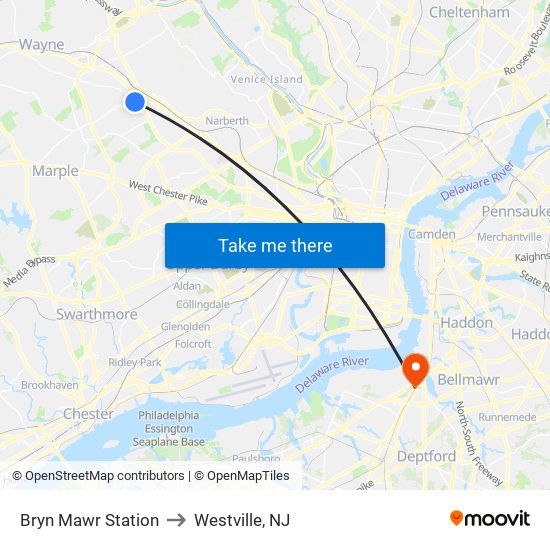 Bryn Mawr Station to Westville, NJ map