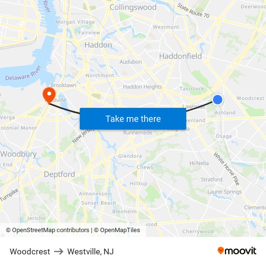 Woodcrest to Westville, NJ map
