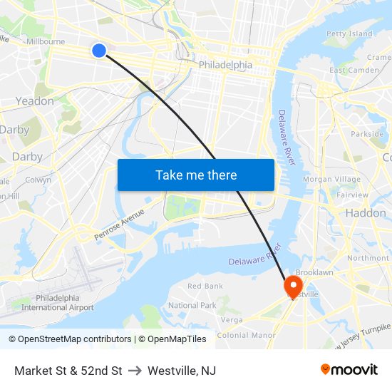 Market St & 52nd St to Westville, NJ map