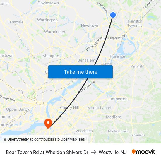 Bear Tavern Rd at Wheldon Shivers Dr to Westville, NJ map