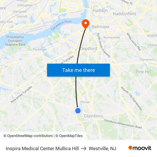 Inspira Medical Center Mullica Hill to Westville, NJ map