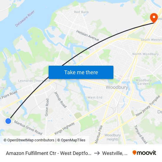 Amazon Fulfillment Ctr - West Deptford to Westville, NJ map