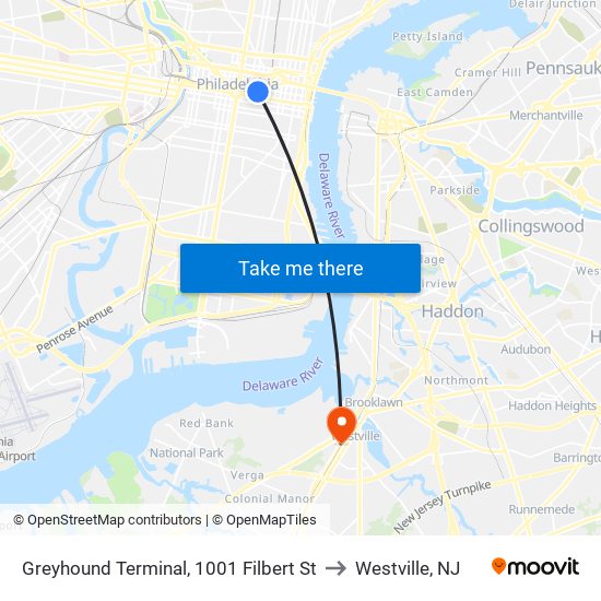 Greyhound Terminal, 1001 Filbert St to Westville, NJ map