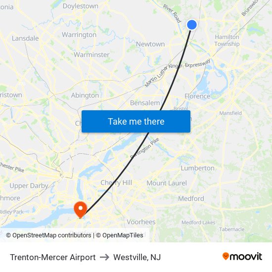 Trenton-Mercer Airport to Westville, NJ map