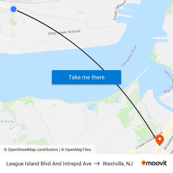 League Island Blvd And Intrepid Ave to Westville, NJ map