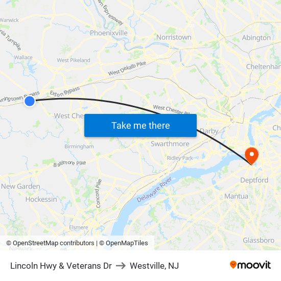 Lincoln Hwy & Veterans Dr to Westville, NJ map