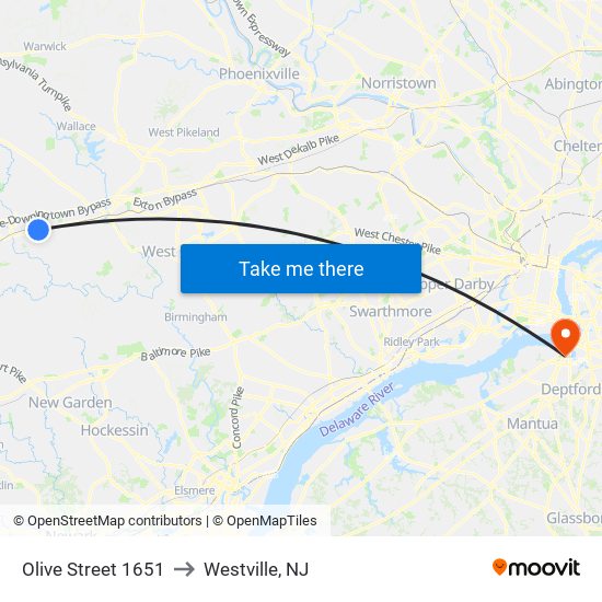 Olive Street 1651 to Westville, NJ map