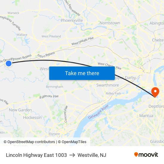 Lincoln Highway East 1003 to Westville, NJ map