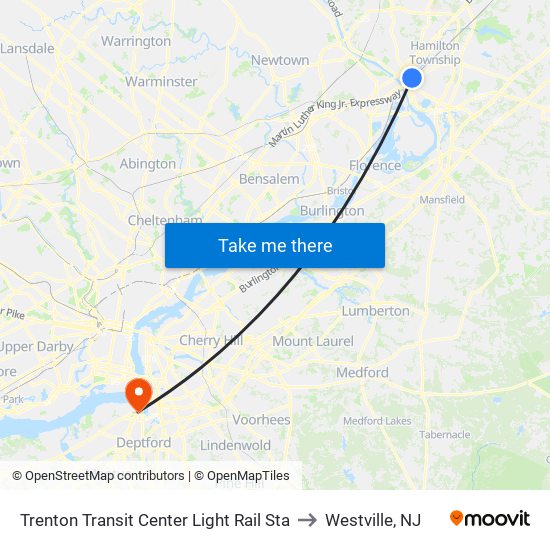 Trenton Transit Center Light Rail Sta to Westville, NJ map