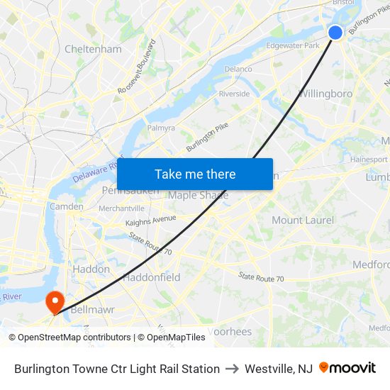Burlington Towne Ctr Light Rail Station to Westville, NJ map