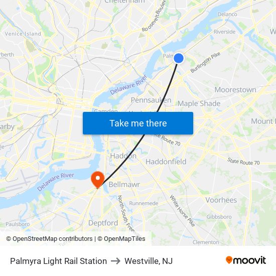 Palmyra Light Rail Station to Westville, NJ map