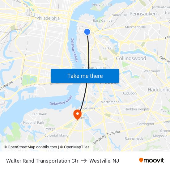 Walter Rand Transportation Ctr to Westville, NJ map