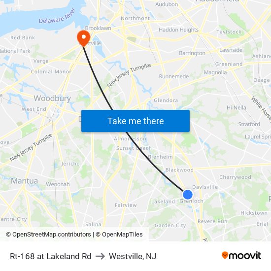 Rt-168 at Lakeland Rd to Westville, NJ map