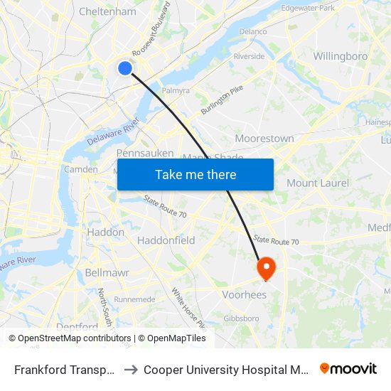 Frankford Transportation Center to Cooper University Hospital Medical Center Voorhees map
