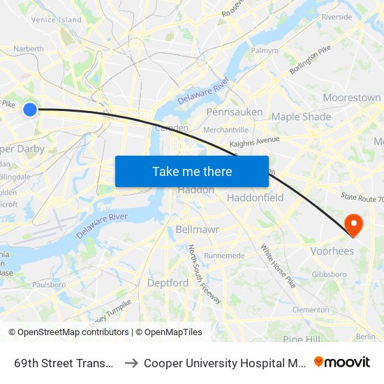 69th Street Transportation Center to Cooper University Hospital Medical Center Voorhees map