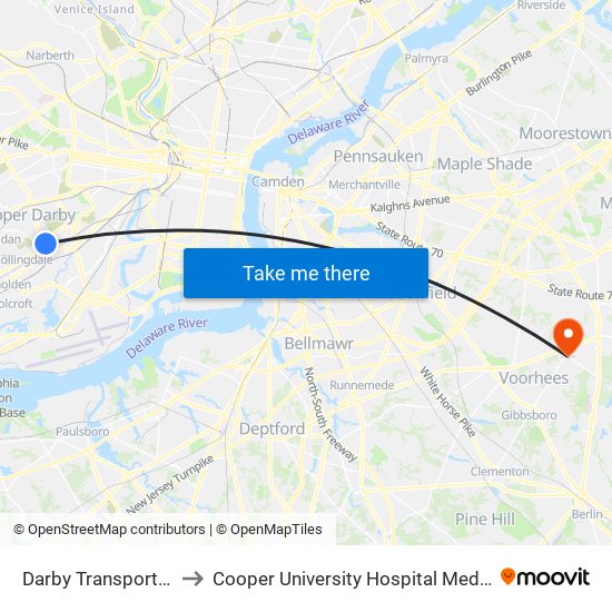 Darby Transportation Center to Cooper University Hospital Medical Center Voorhees map