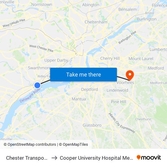 Chester Transportation Center to Cooper University Hospital Medical Center Voorhees map