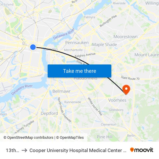 13th St to Cooper University Hospital Medical Center Voorhees map