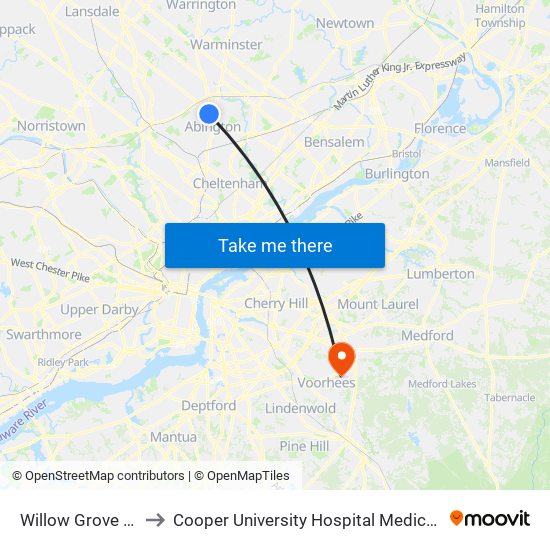 Willow Grove Park Mall to Cooper University Hospital Medical Center Voorhees map