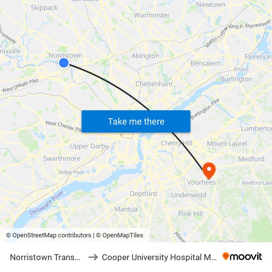 Norristown Transportation Center to Cooper University Hospital Medical Center Voorhees map