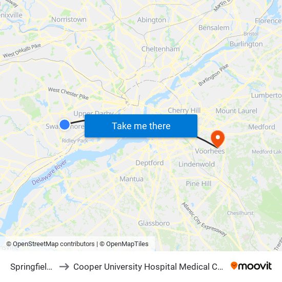 Springfield Mall to Cooper University Hospital Medical Center Voorhees map