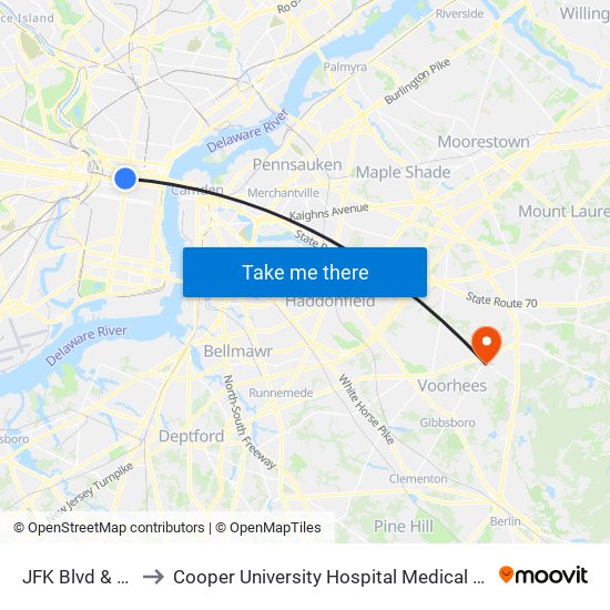 JFK Blvd & 15th St to Cooper University Hospital Medical Center Voorhees map