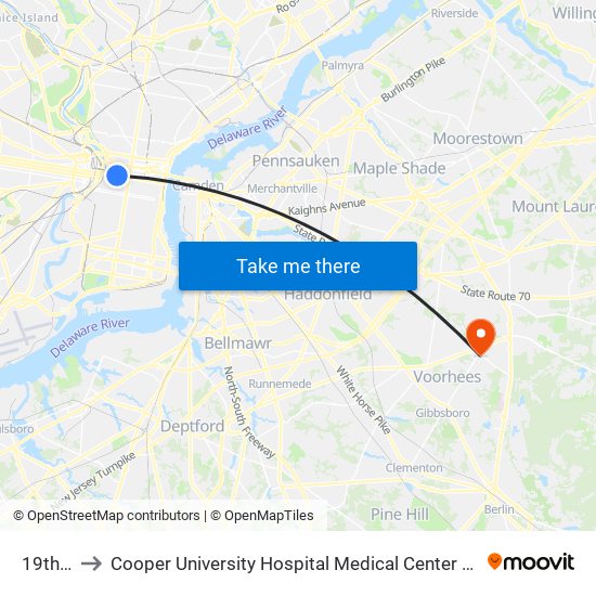 19th St to Cooper University Hospital Medical Center Voorhees map