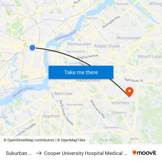 Suburban Station to Cooper University Hospital Medical Center Voorhees map