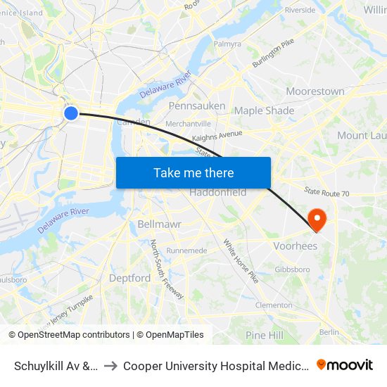 Schuylkill Av & JFK Blvd to Cooper University Hospital Medical Center Voorhees map