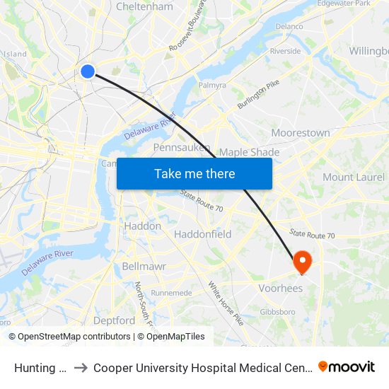 Hunting Park to Cooper University Hospital Medical Center Voorhees map
