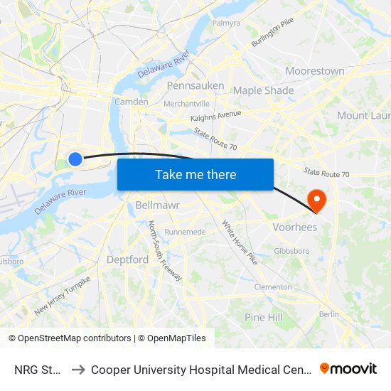 NRG Station to Cooper University Hospital Medical Center Voorhees map