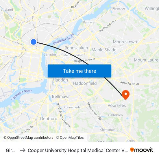 Girard to Cooper University Hospital Medical Center Voorhees map